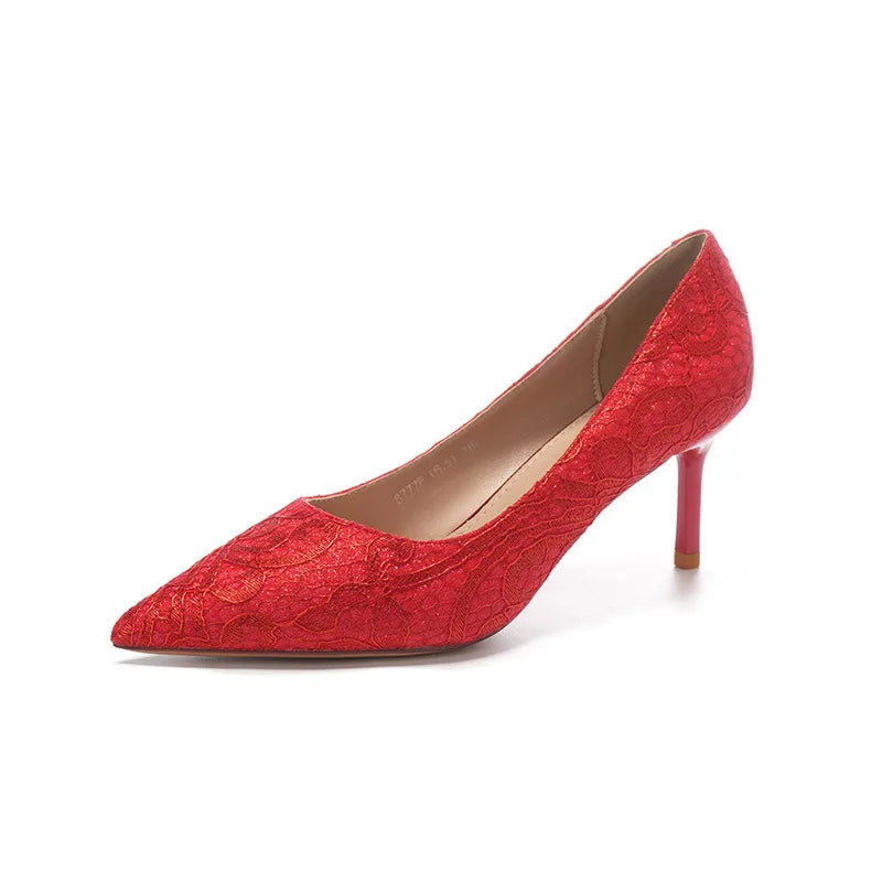 Pointed stiletto satin red gold high heels festive wedding dress wedding shoes