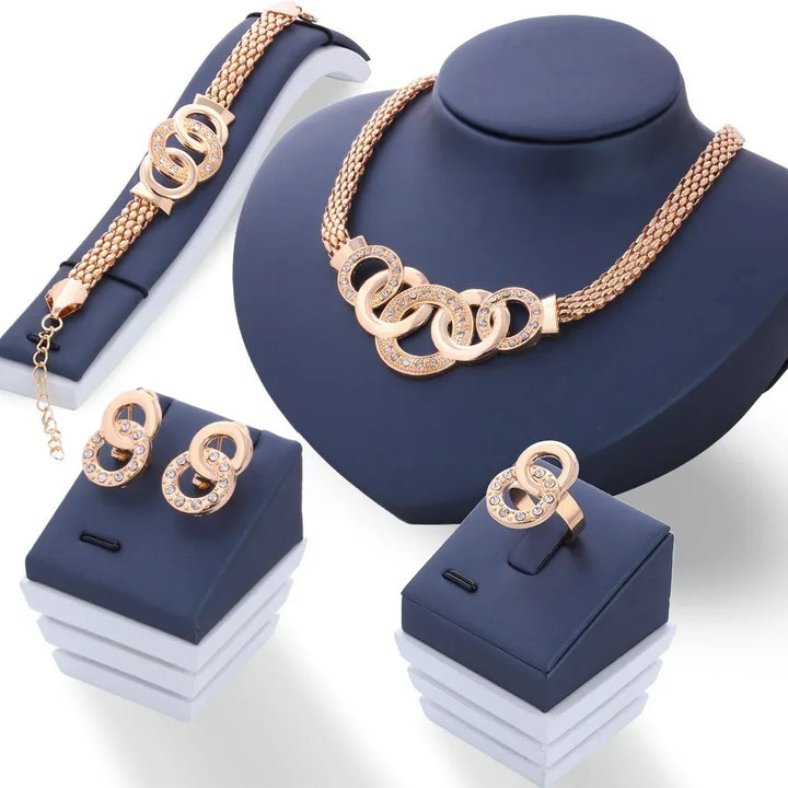 4 Pcs Set Luxury Gold Color Geometric Circle Zircon Necklace Earrings Ring