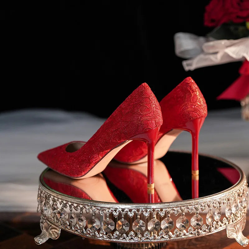 Pointed stiletto satin red gold high heels festive wedding dress wedding shoes