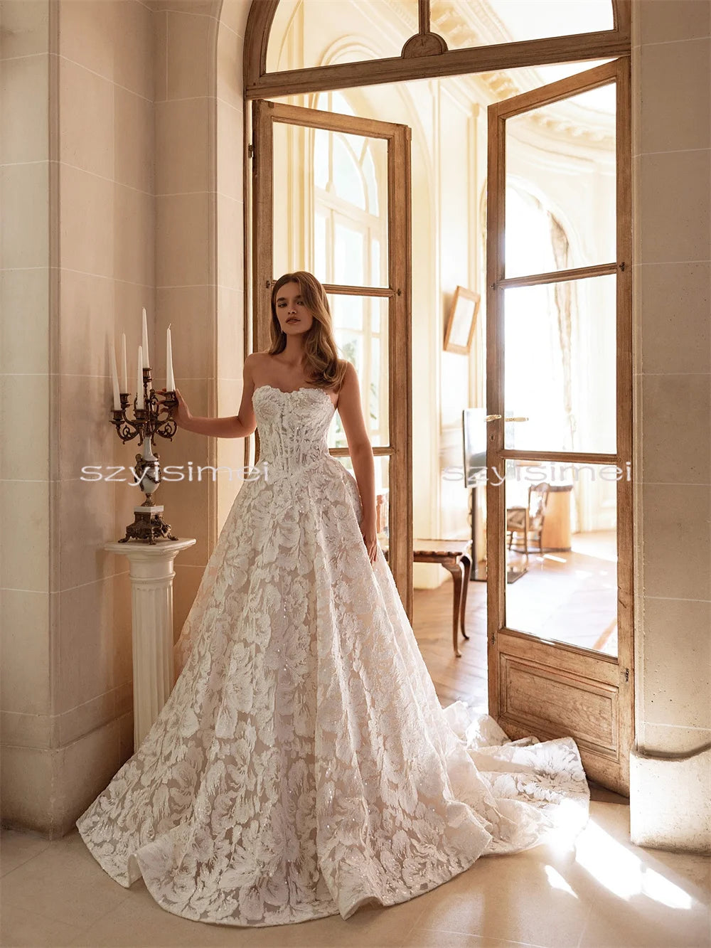 Luxury Full Lace A-line Wedding Dress Sexy Backless Bridal Gown