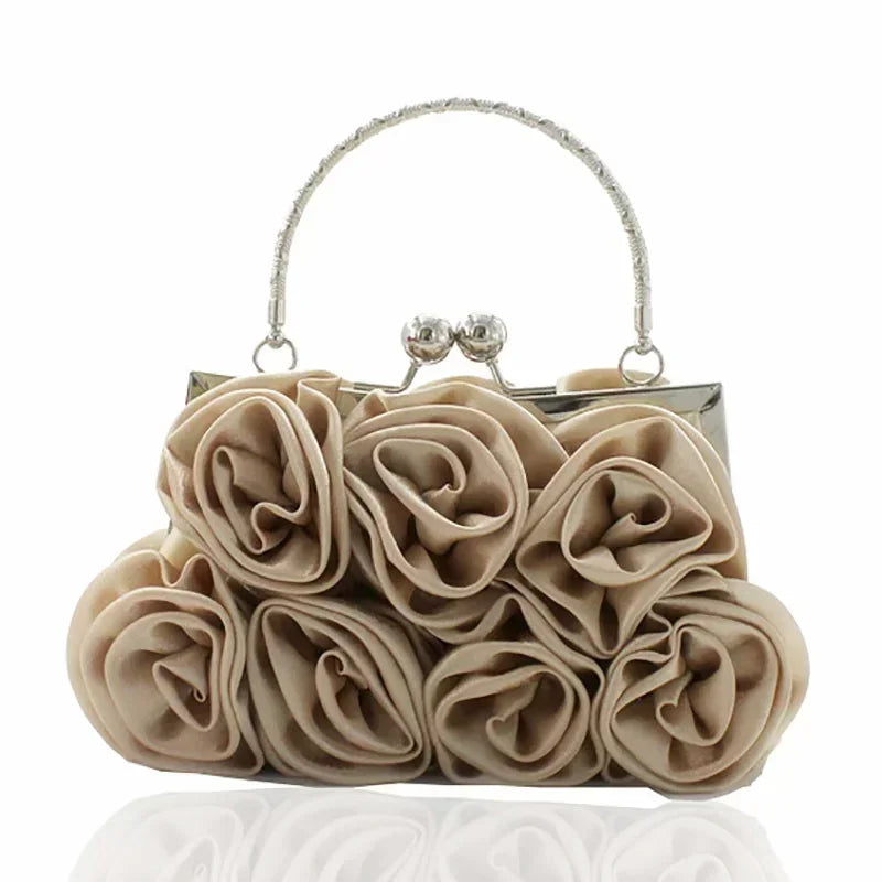 Silk Satin Ivory Clutch Purse Trendy New 3D Floral Roses Flower Cloth Bag
