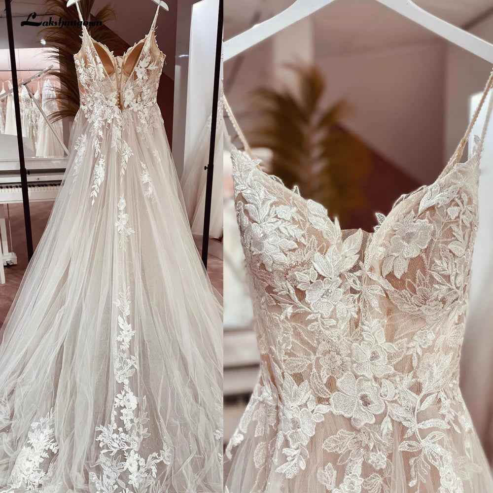 Lakshmigown Spaghetti Straps Lace Wedding Dress Open Back Civil Bridal