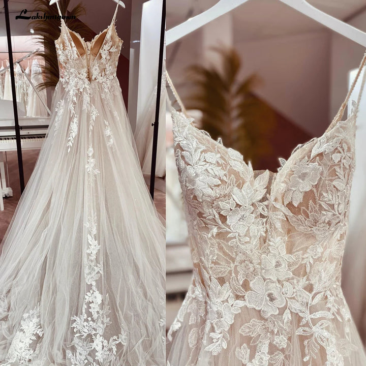 Lakshmigown Spaghetti Straps Lace Wedding Dress Open Back Civil Bridal