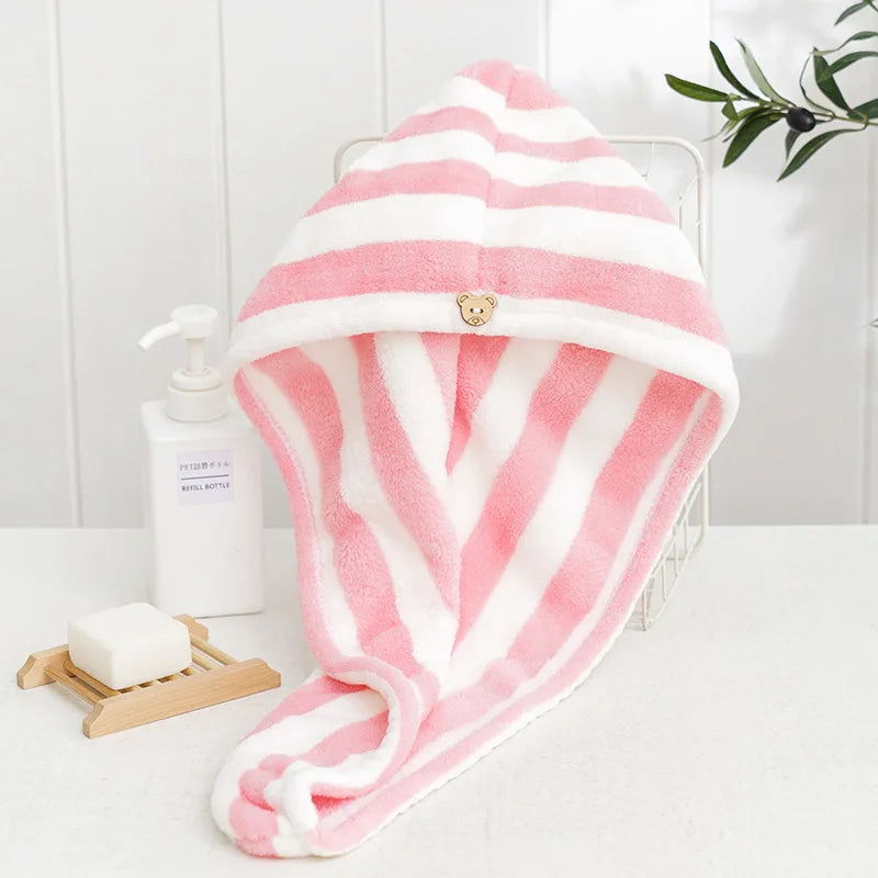 Microfiber Coral Fleece Striped Hair Towel Cap for Women Quick-Dry Hair Wrap