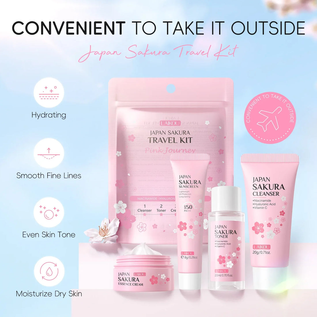 LAIKOU Sakura Skin Care Set Facial Cleanser Toner Face Serum