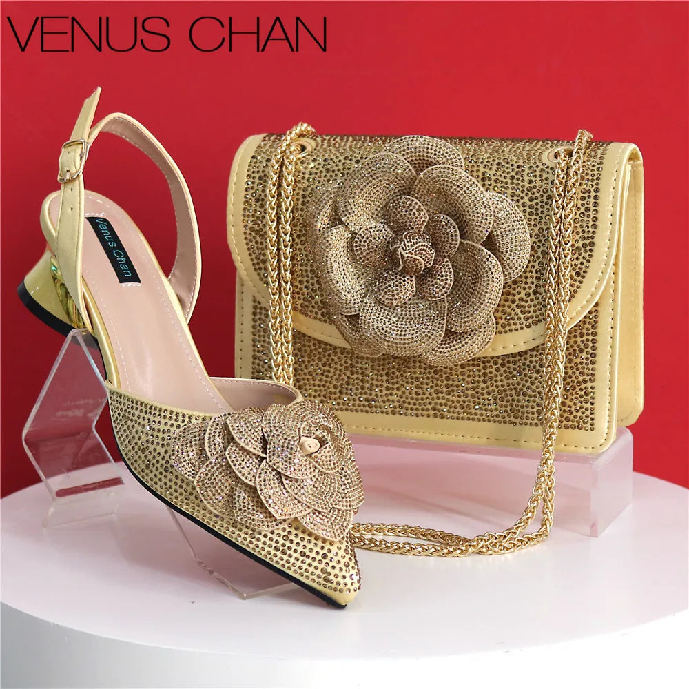 Peach Color Elegant Lady Shoes And Bag Set with Rhinestone Heel