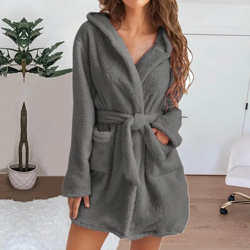 Autumn Winter Women Sexy Bath Robe Fluffy Plush Pyjamas Ladies Hooded