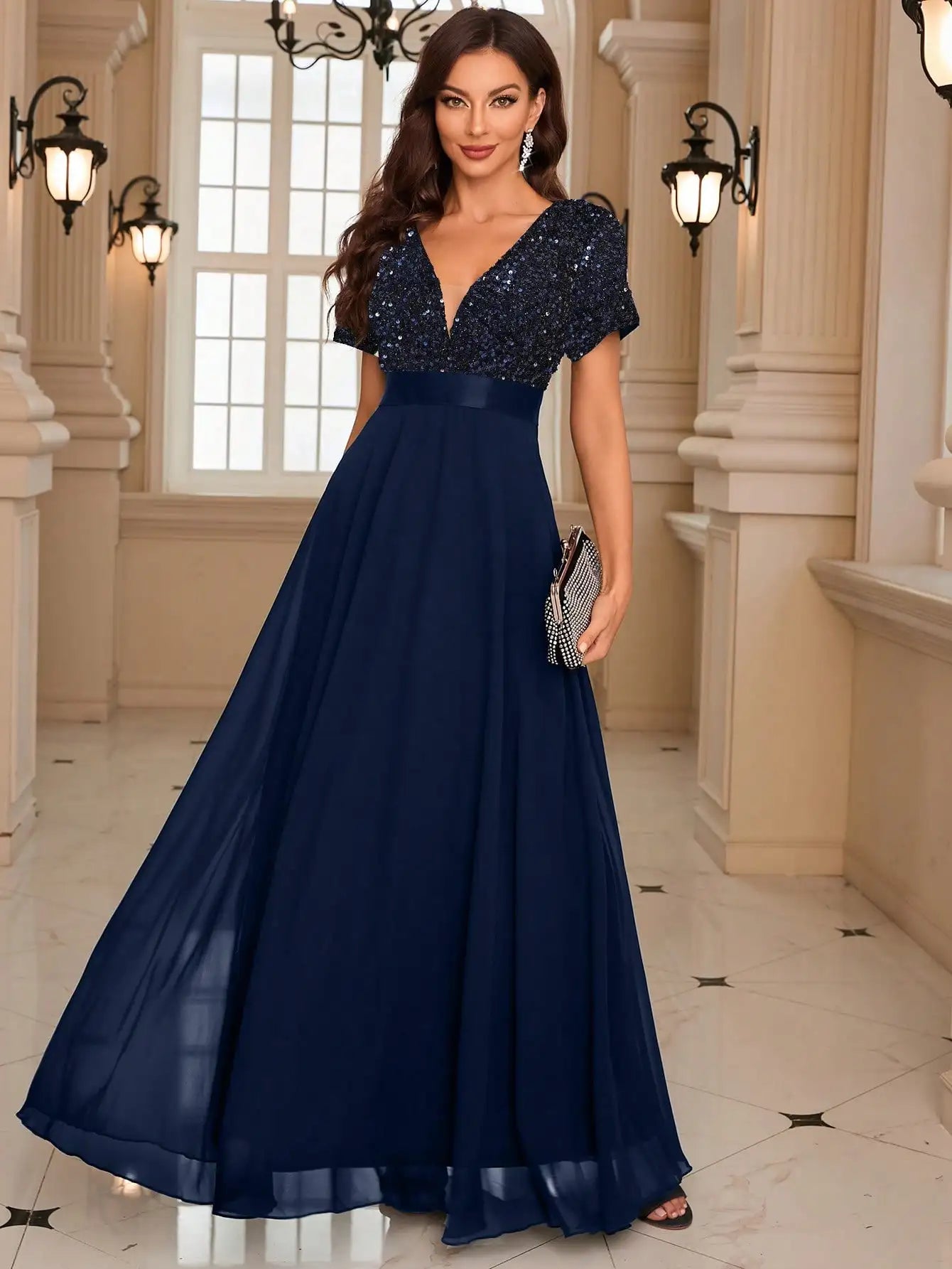 Burgundy Sequin Evening Gown with Short Sleeves luxury wedding dress