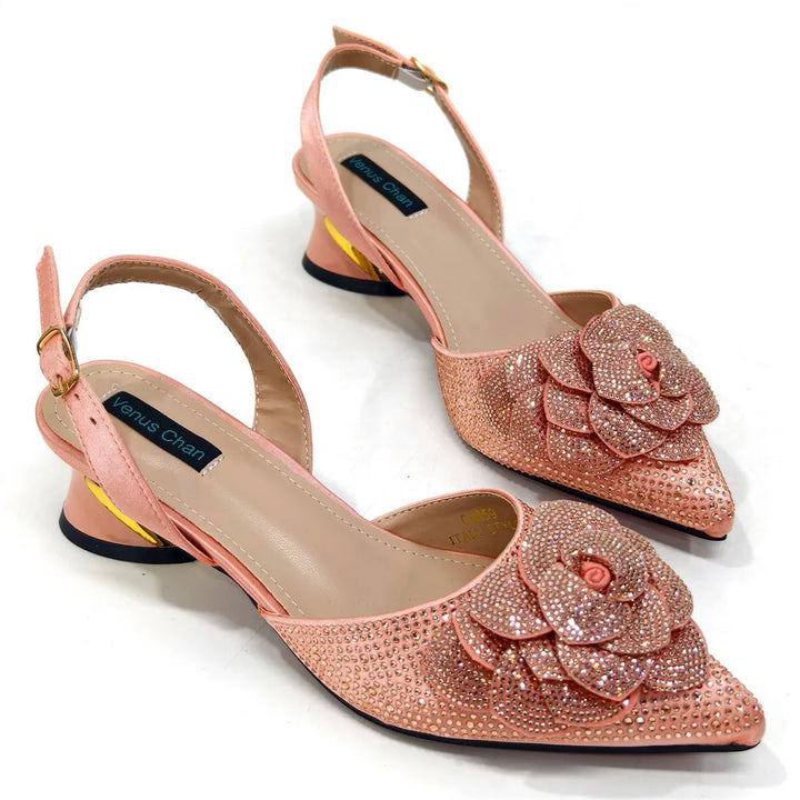 Peach Color Elegant Lady Shoes And Bag Set with Rhinestone Heel