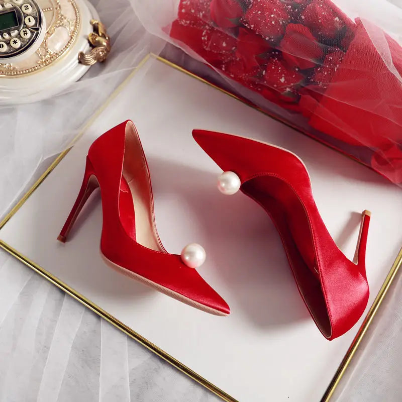 Bride Pumps Shoes for Woman Women's Summer Footwear Pearl Red Shoe