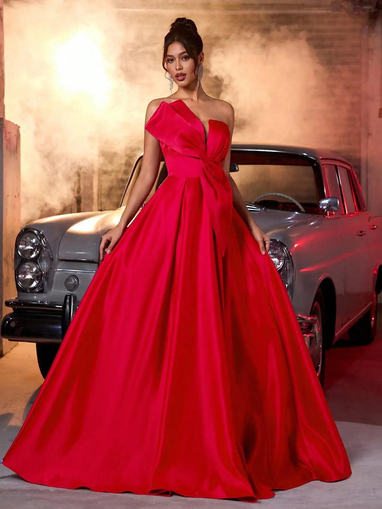 Red Satin Off-Shoulder Maxi Dress with Large Bow luxury wedding dress