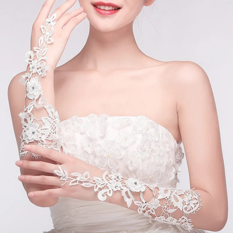 Lace Crystal Women’s Wedding Gloves Fingerless Elbow Bridal Lace