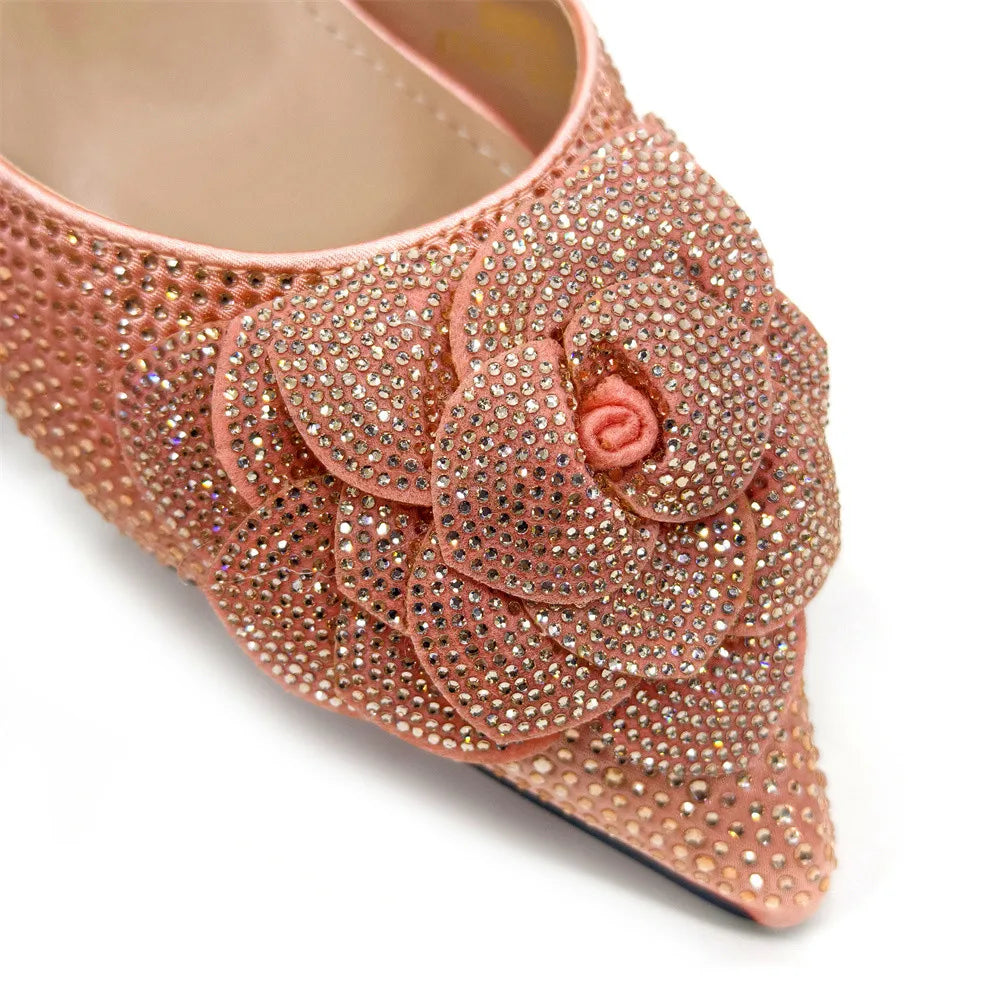Peach Color Elegant Lady Shoes And Bag Set with Rhinestone Heel