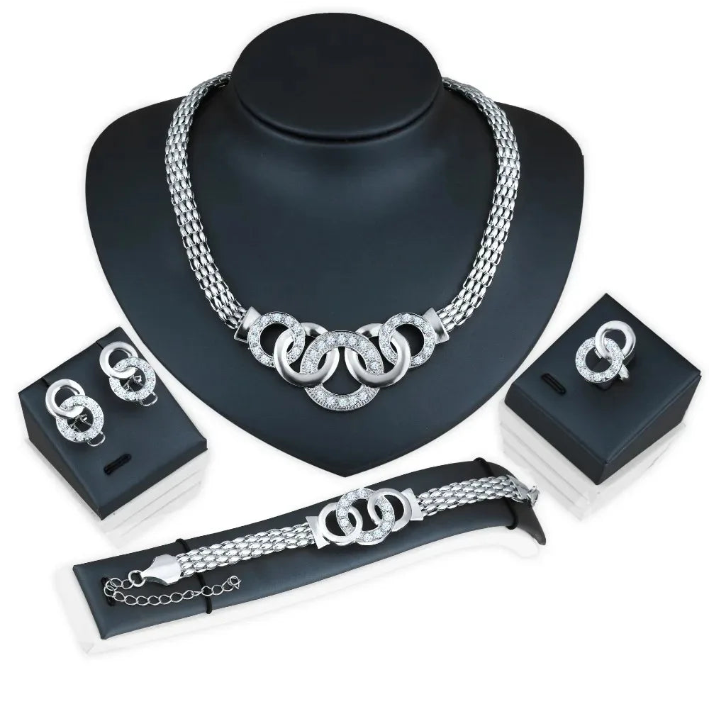 4 Pcs Set Luxury Gold Color Geometric Circle Zircon Necklace Earrings Ring