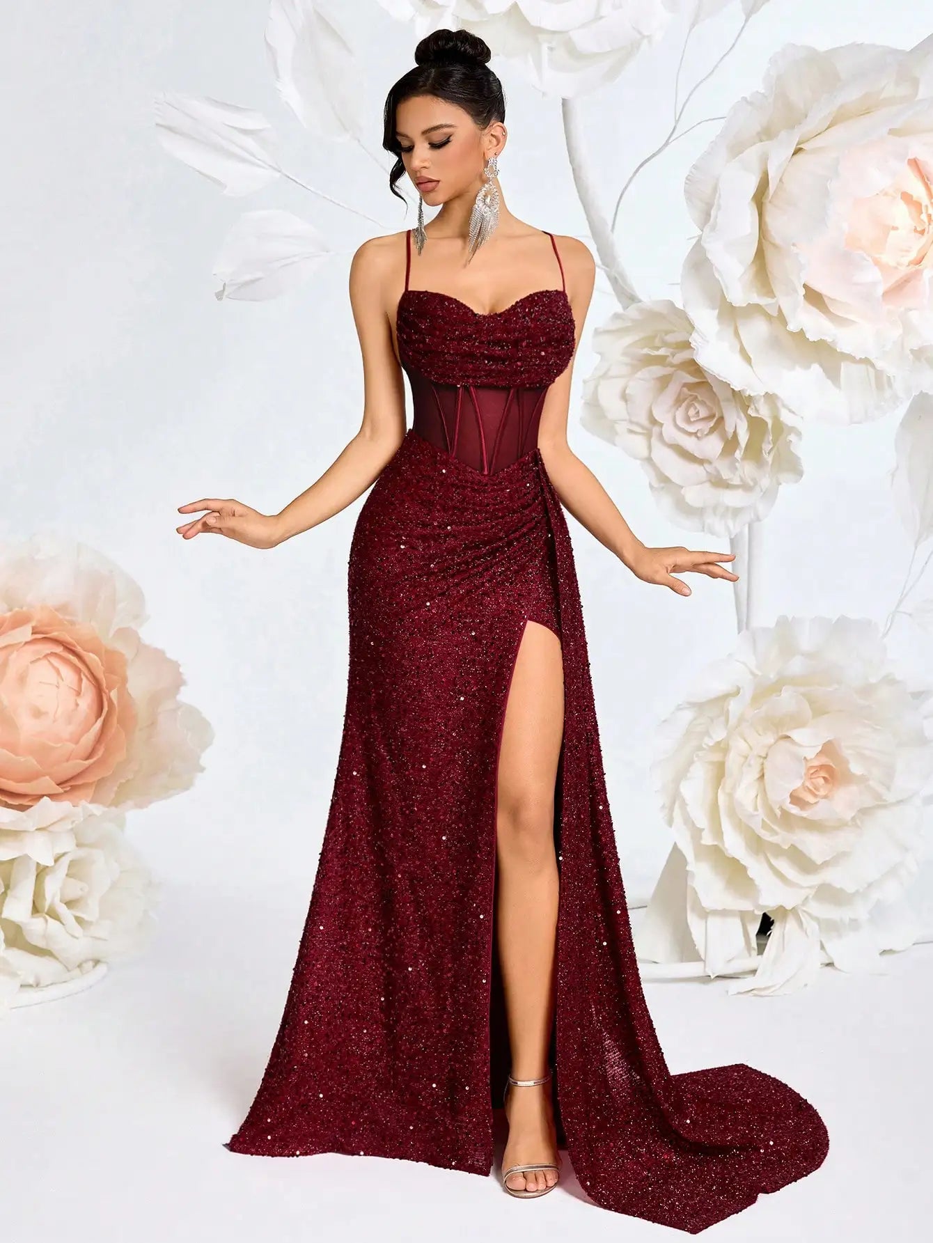 Burgundy Sequin Spaghetti Strap Evening Gown with luxury wedding dress