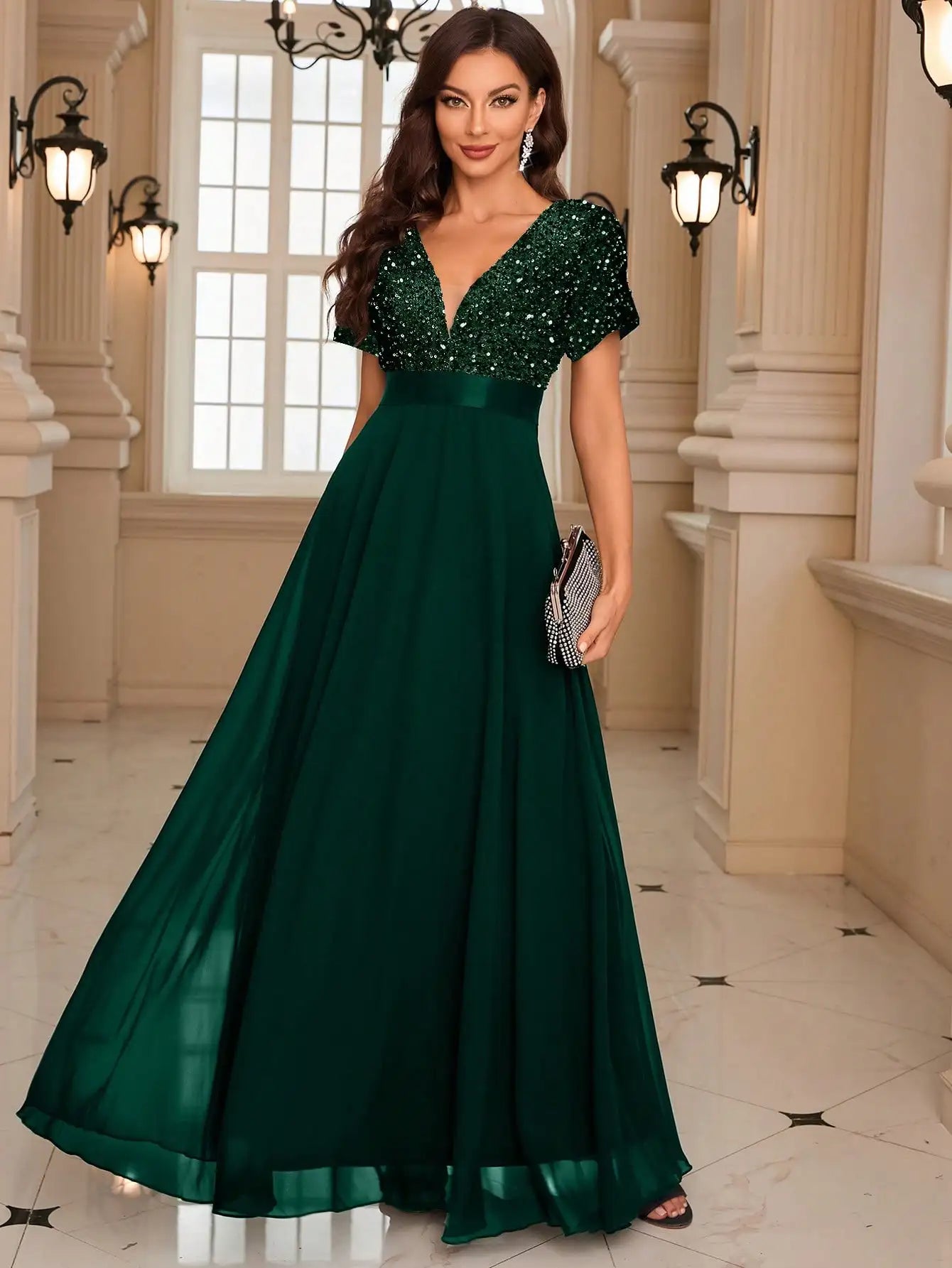 Burgundy Sequin Evening Gown with Short Sleeves luxury wedding dress