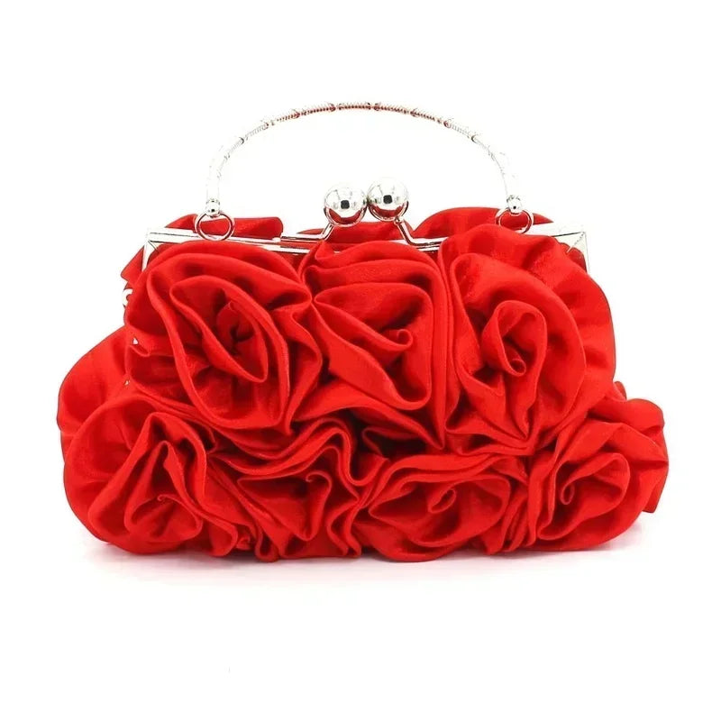 Silk Satin Ivory Clutch Purse Trendy New 3D Floral Roses Flower Cloth Bag