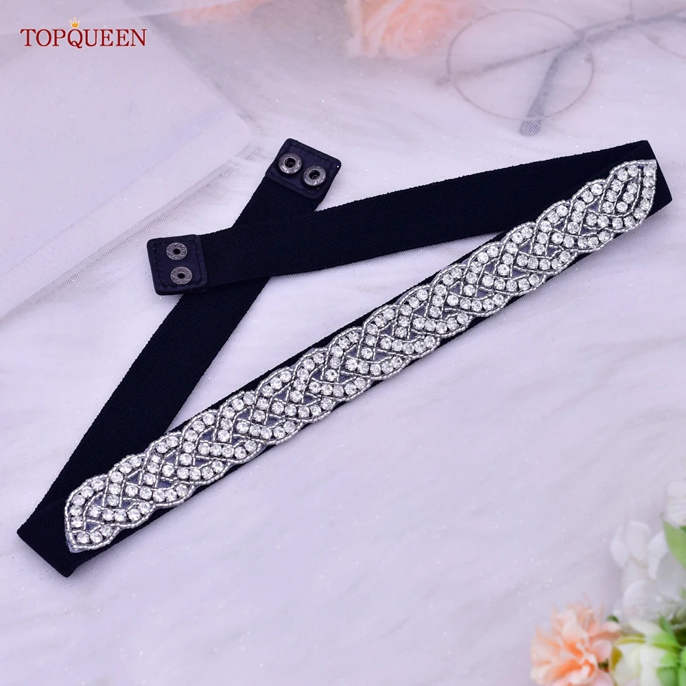 TOP Queen S407-B Women Elastic Belts for Party Dress Gown Silver Rhineston