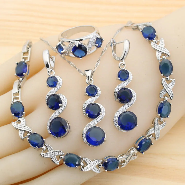 Classic Blue Zirconia 925 Silver Jewelry Sets for Women Earrings Necklace