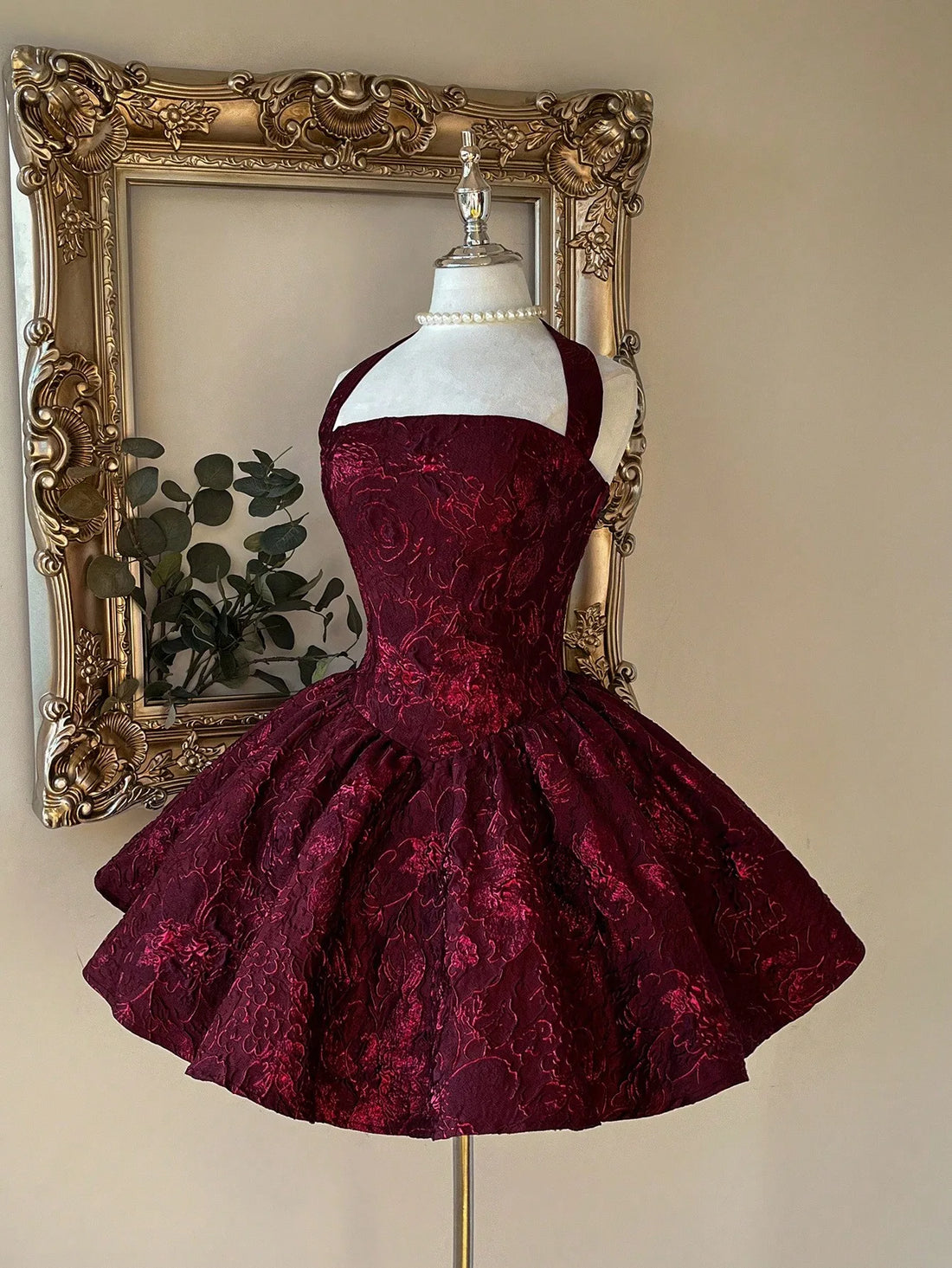 Burgundy Jacquard Halter Backless A-Line Mini Dress for Formal Events
