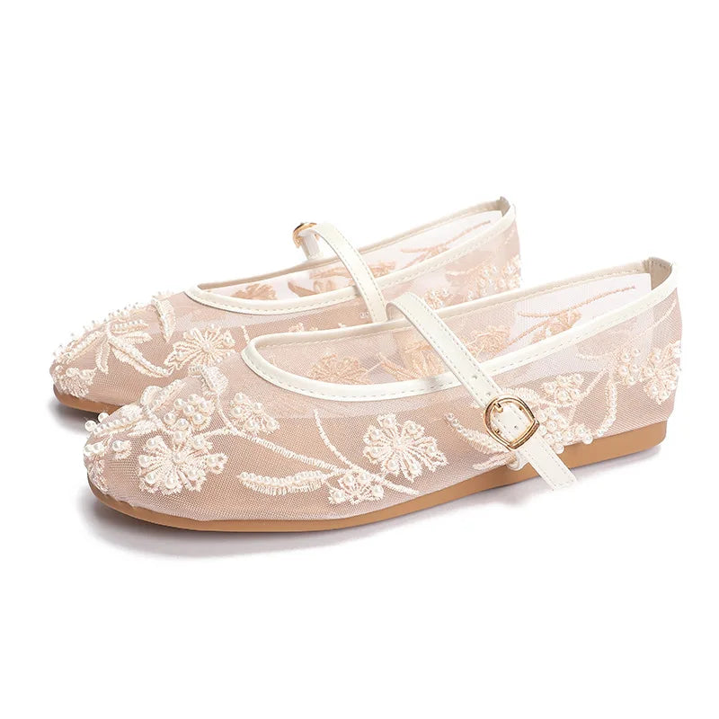 2026 Women's Nude Mesh Lace Embroidery Flower Mary Jane Flats Shoes