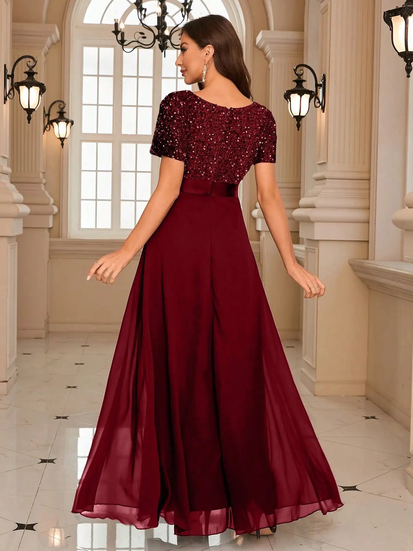 Burgundy Sequin Evening Gown with Short Sleeves luxury wedding dress