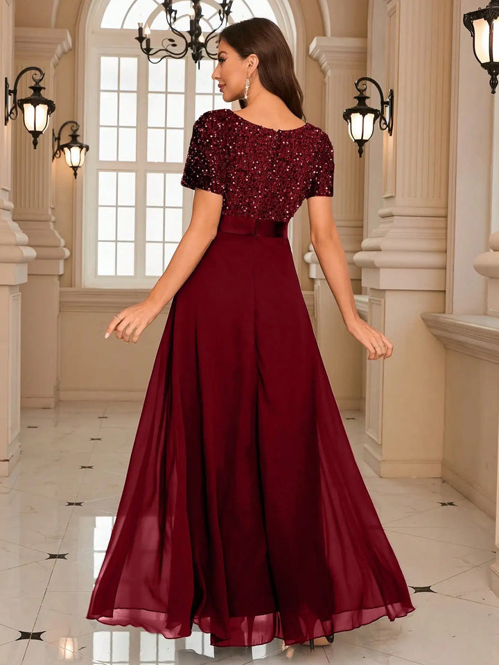 Burgundy Sequin Evening Gown with Short Sleeves luxury wedding dress