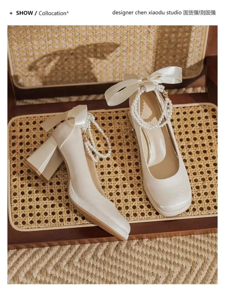 Red Bow Pearl Mary Jane Platform Waterproof Lolita Heels for Women