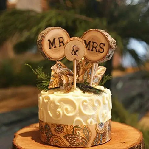 3 Pcs Mr & Mrs Toppers Natural Wood Cake Decoration Chic Rustic Wedding