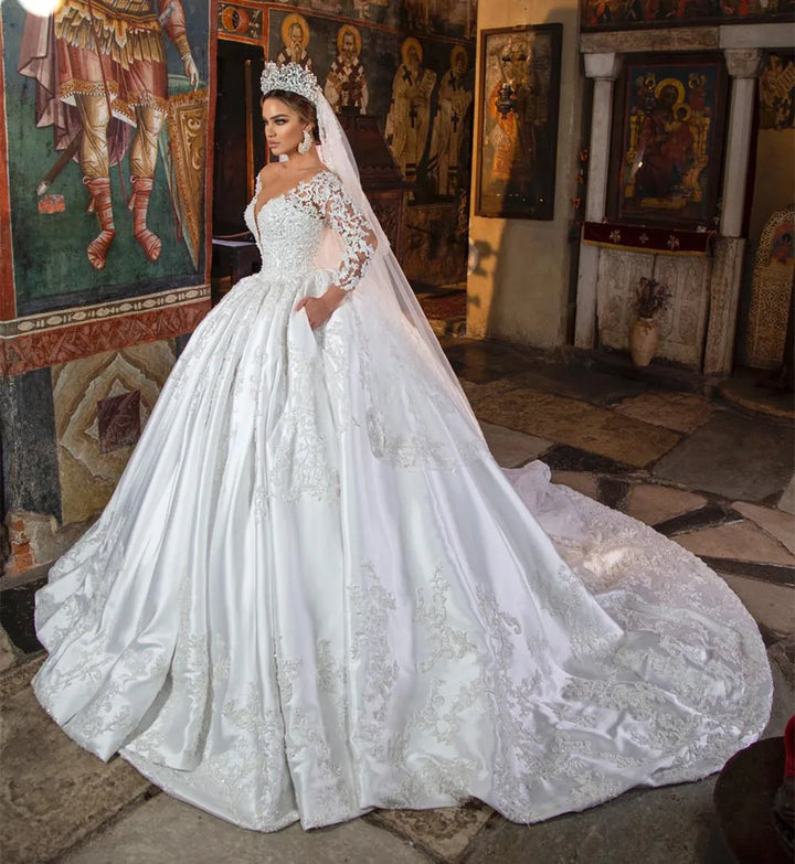 Luxury White Deep V neck Lace Satin Long Sleeve Wedding Ball Dress Bridal Gown