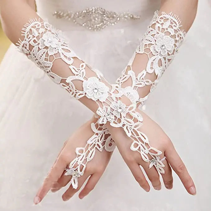 Lace Crystal Women’s Wedding Gloves Fingerless Elbow Bridal Lace