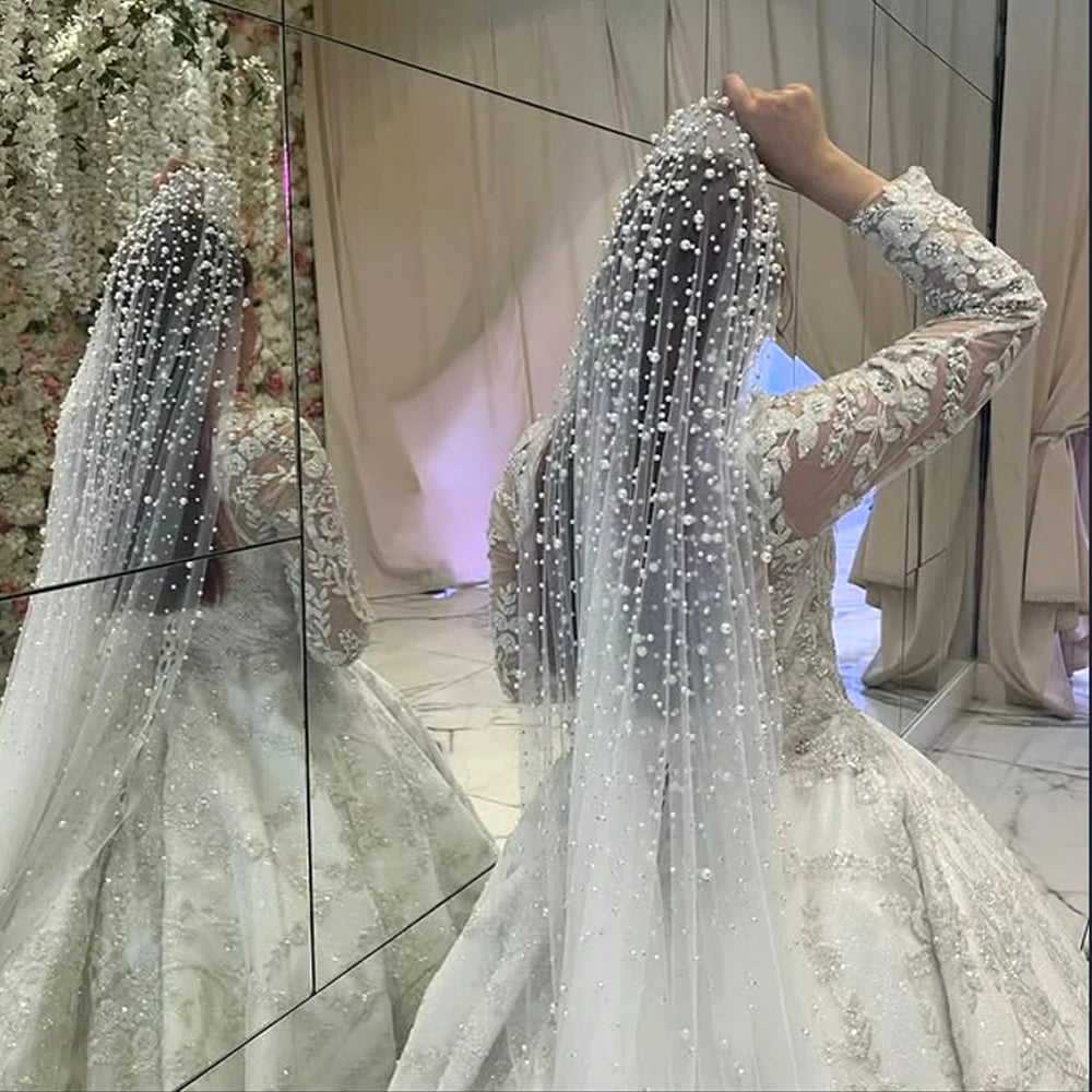 1 Tier Pearls Wedding Veil Cathedral Oversized Veils Bridal Tulle Veil