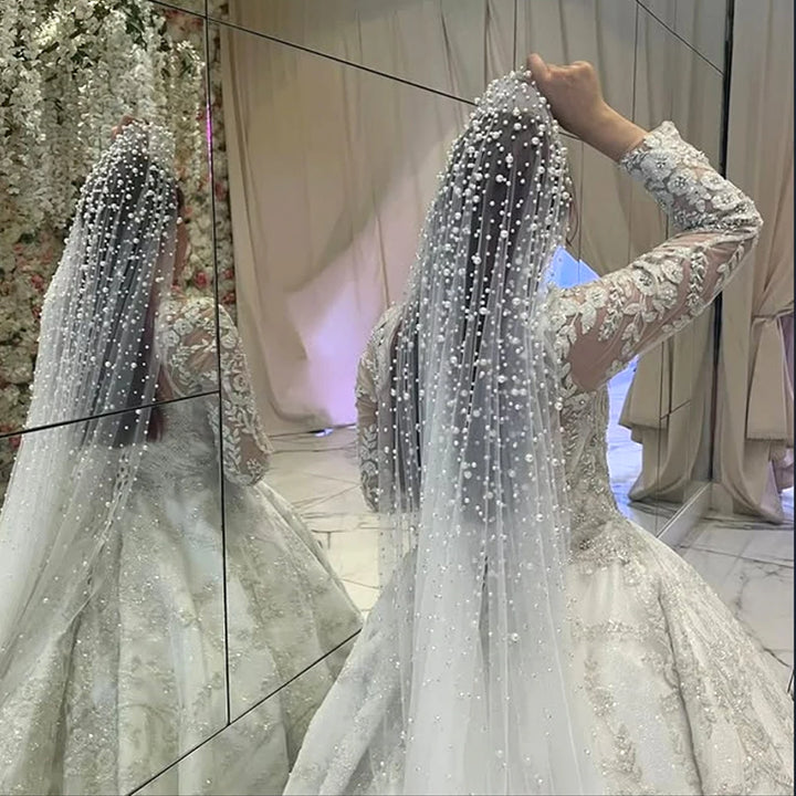 1 Tier Pearls Wedding Veil Cathedral Oversized Veils Bridal Tulle Veil