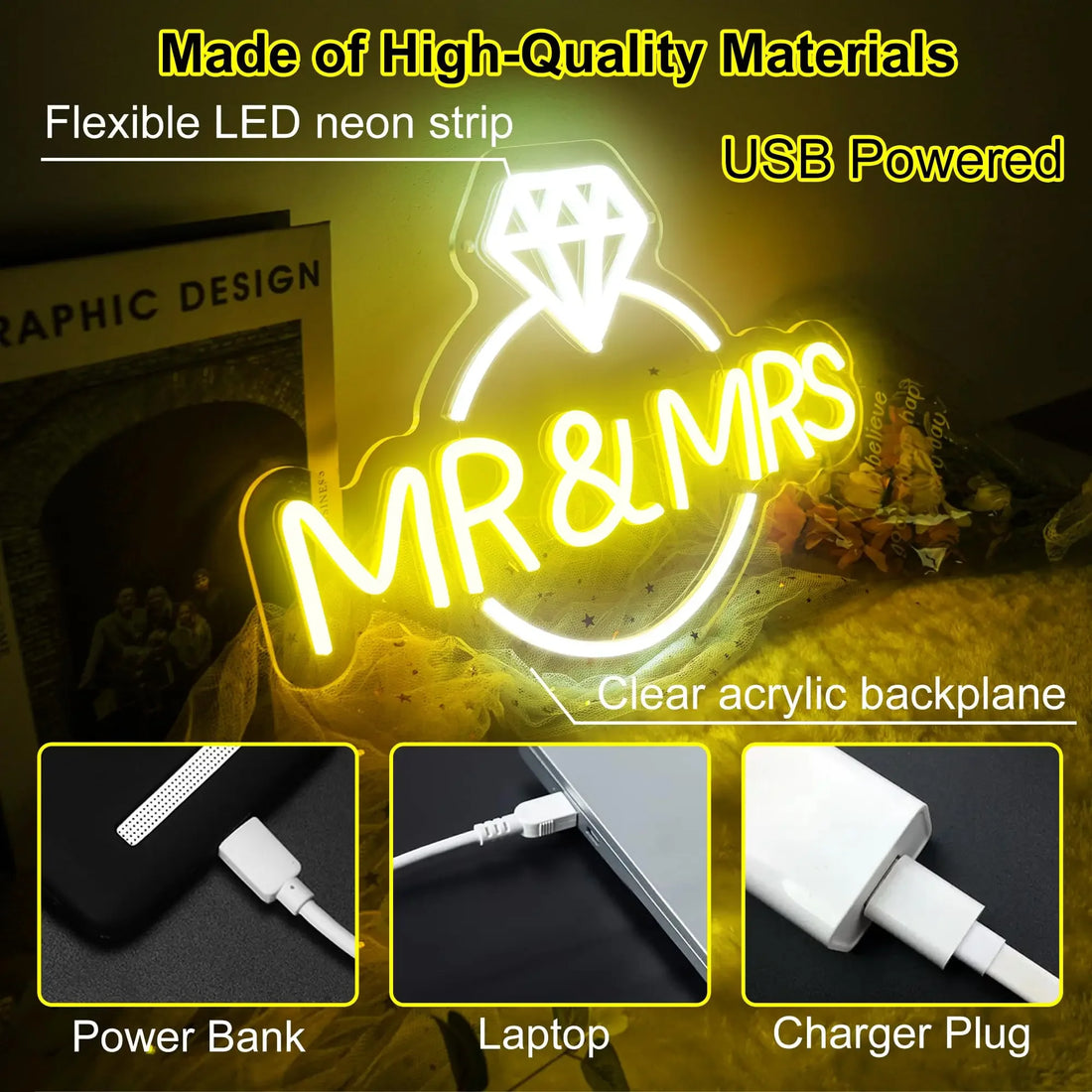 Mr Mrs Neon Sign LED Light with Dimmable Switch Wedding Sign