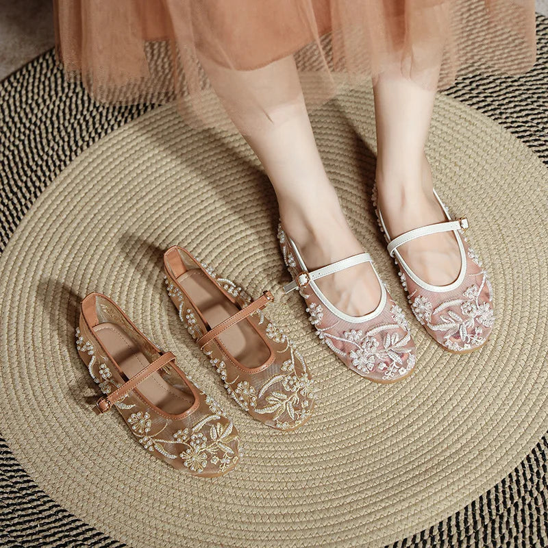 2026 Women's Nude Mesh Lace Embroidery Flower Mary Jane Flats Shoes