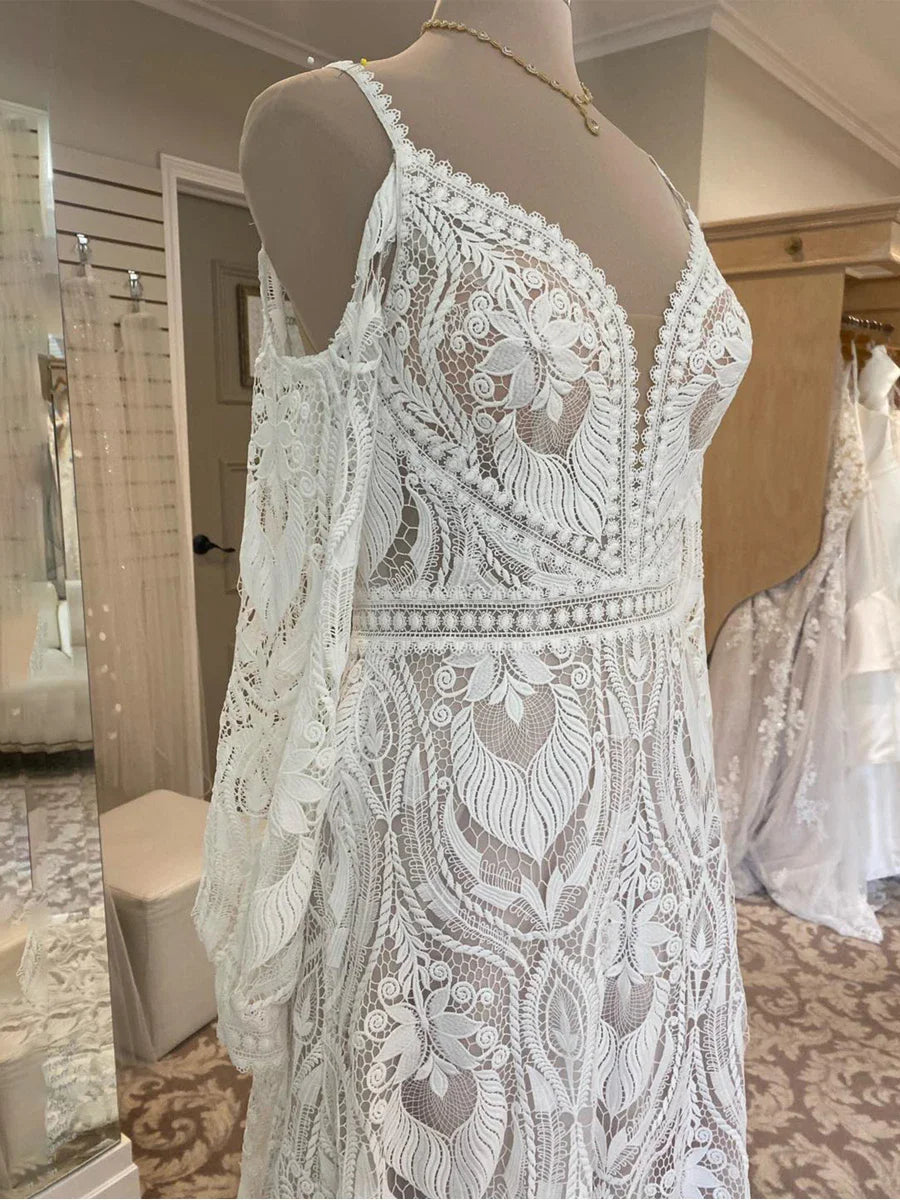 Bohemian Lace A-Line Wedding Dresses Vestido Civil Bridal Gowns