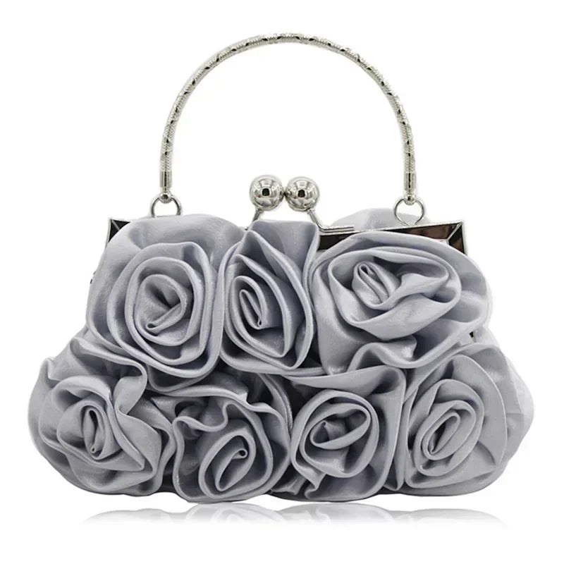 Silk Satin Ivory Clutch Purse Trendy New 3D Floral Roses Flower Cloth Bag