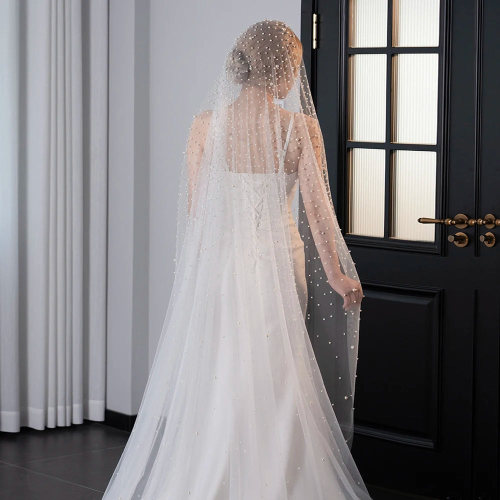 1 Tier Pearls Wedding Veil Cathedral Oversized Veils Bridal Tulle Veil