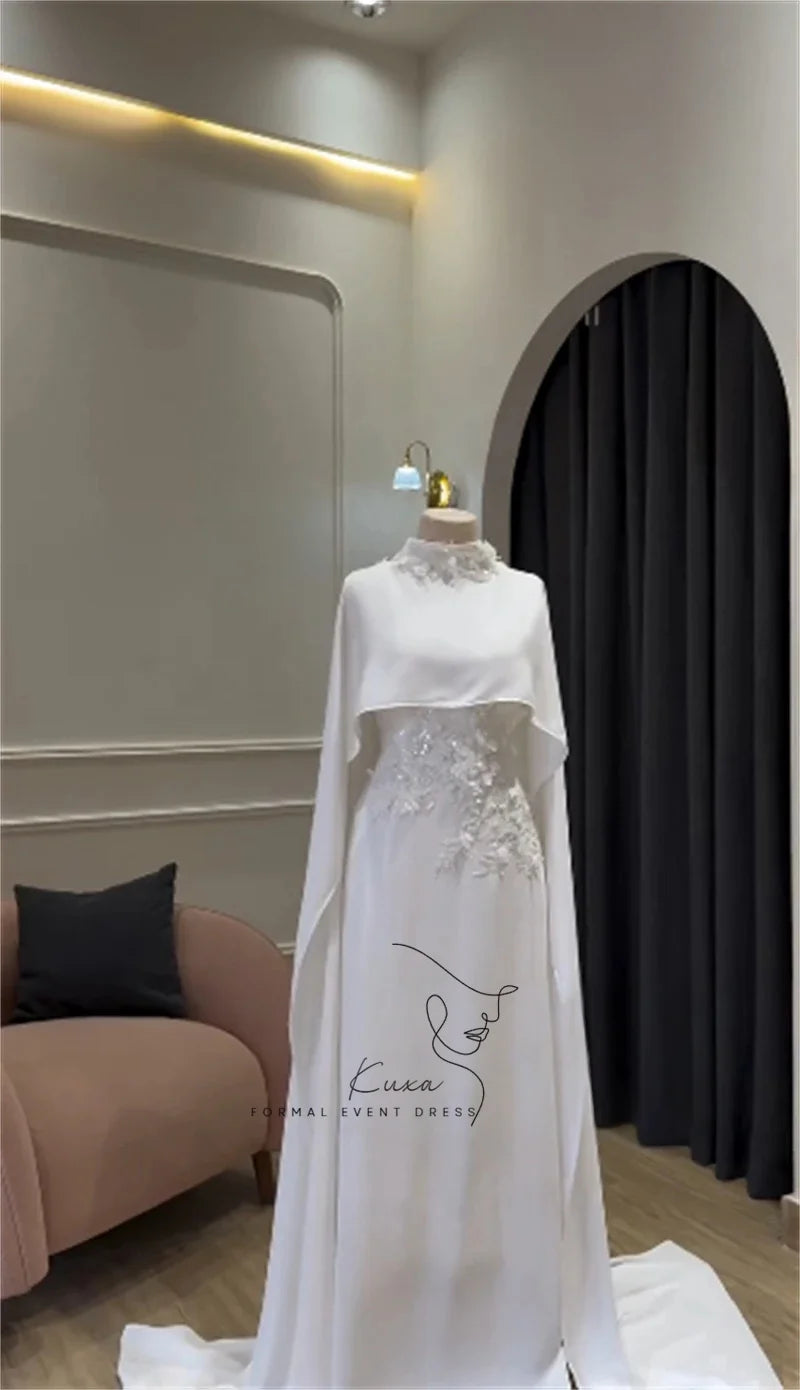 KUXA Luxury Arabic Wedding Dresses 3D Flowers Appliques Modest Bridal Gowns
