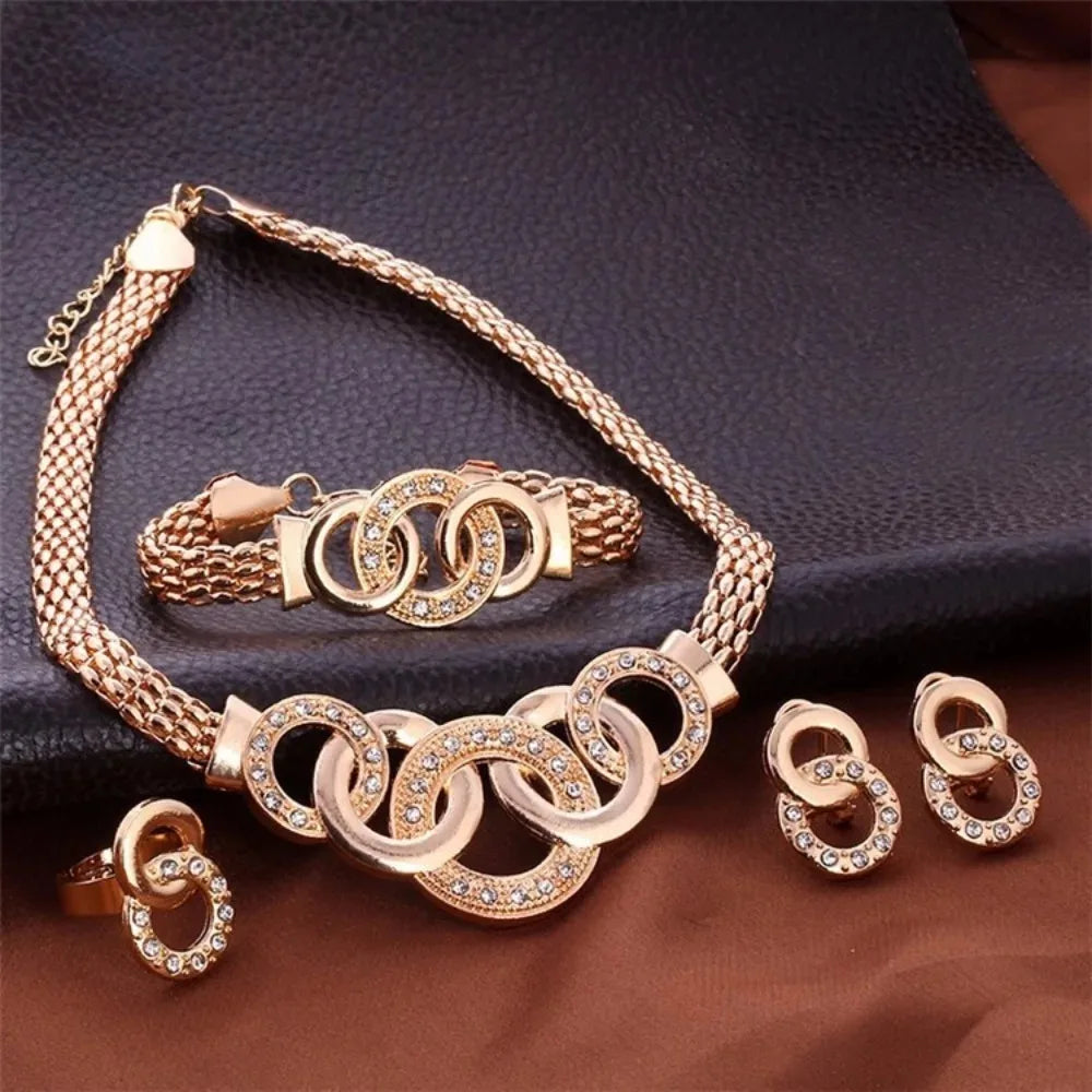 4 Pcs Set Luxury Gold Color Geometric Circle Zircon Necklace Earrings Ring