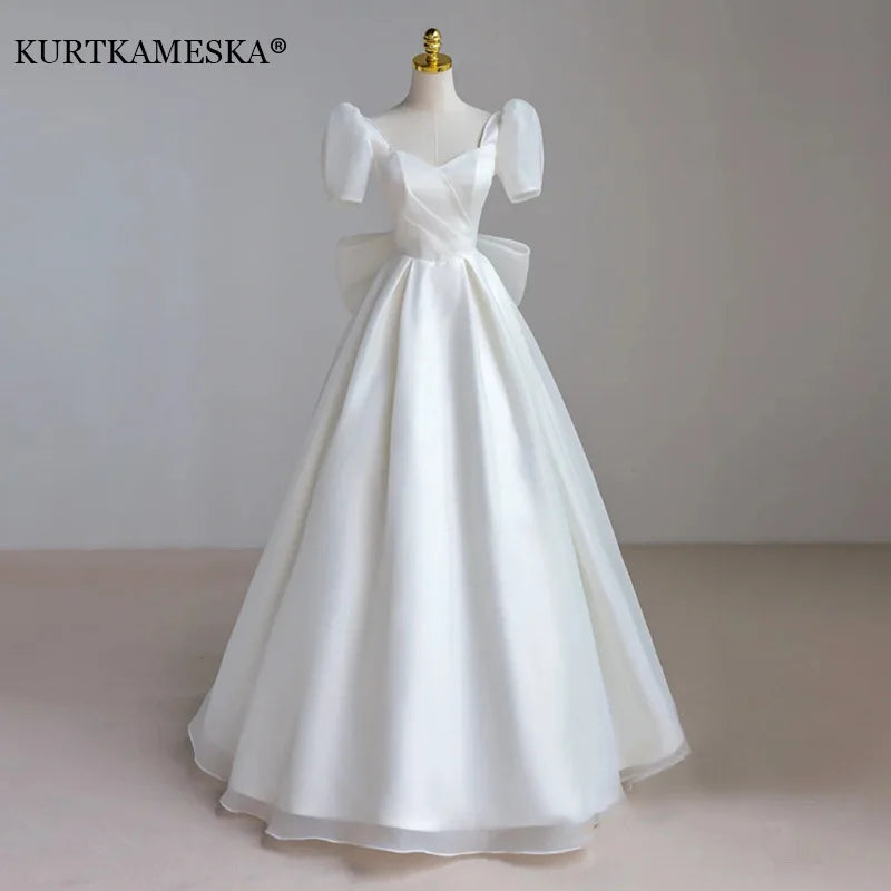 French Luxury White Satin Maxi Wedding Dresses for Bride Party Dress