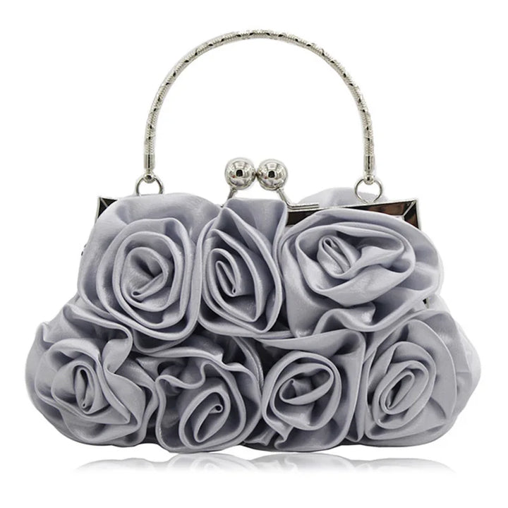 Silk Satin Ivory Clutch Purse Trendy New 3D Floral Roses Flower Cloth Bag