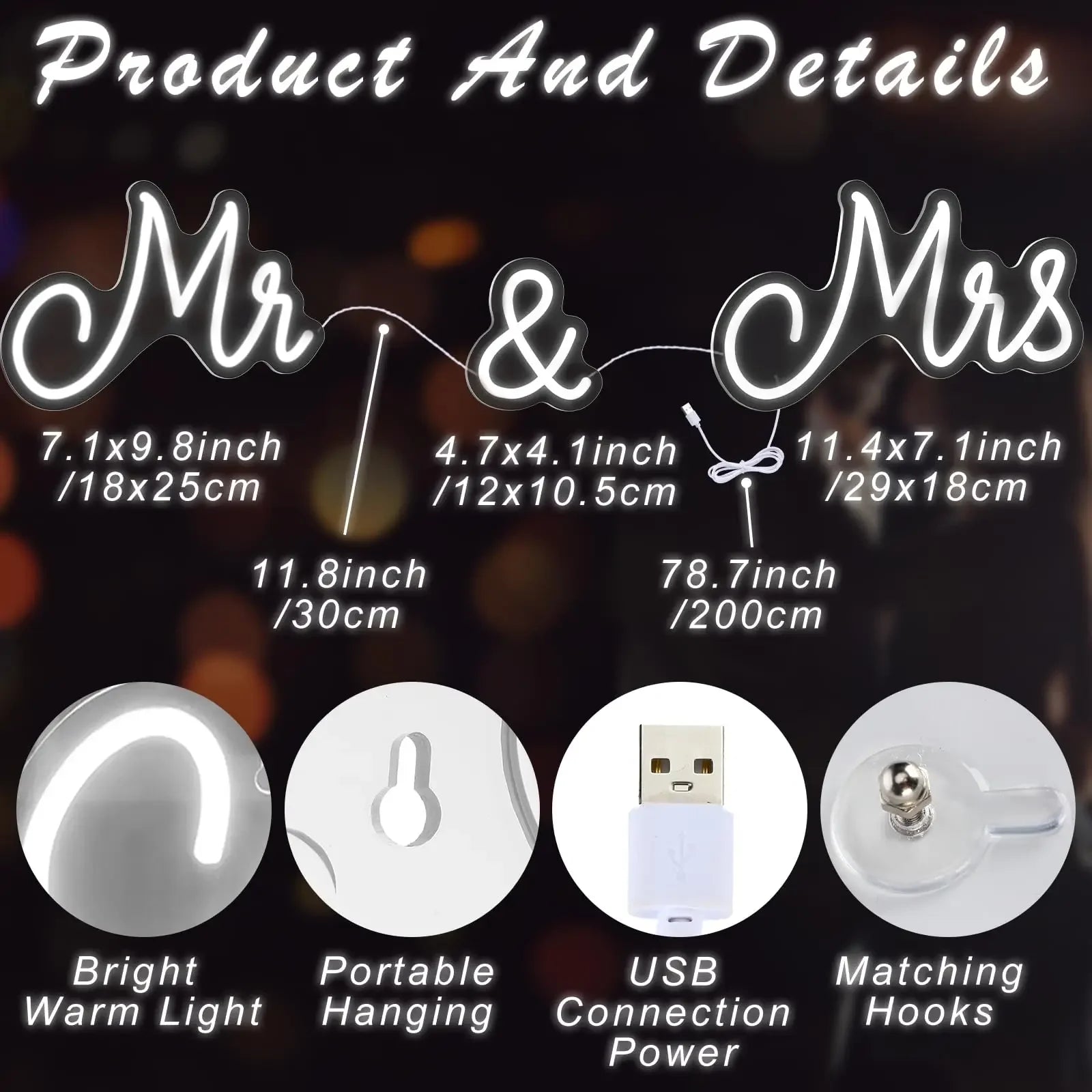 Mr Mrs Neon Sign LED Light with Dimmable Switch Wedding Sign