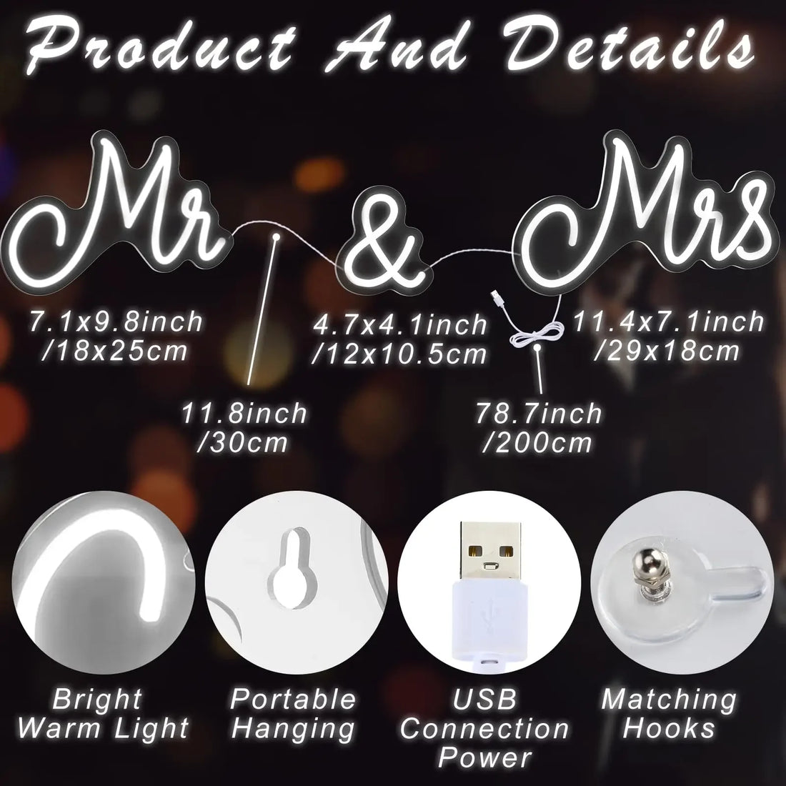 Mr Mrs Neon Sign LED Light with Dimmable Switch Wedding Sign