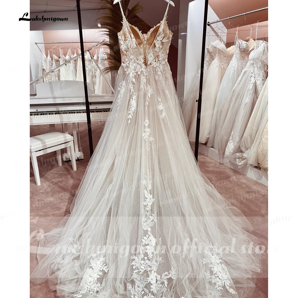 Lakshmigown Spaghetti Straps Lace Wedding Dress Open Back Civil Bridal
