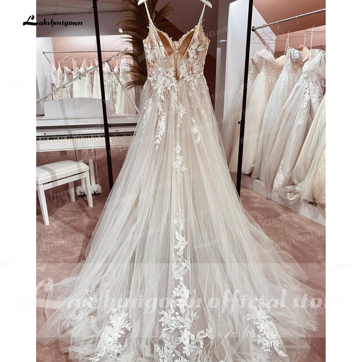Lakshmigown Spaghetti Straps Lace Wedding Dress Open Back Civil Bridal