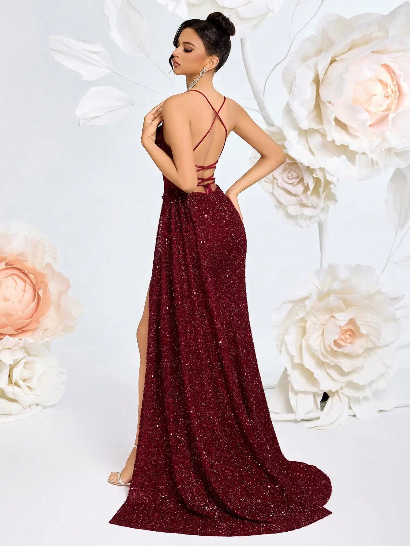 Burgundy Sequin Spaghetti Strap Evening Gown with luxury wedding dress