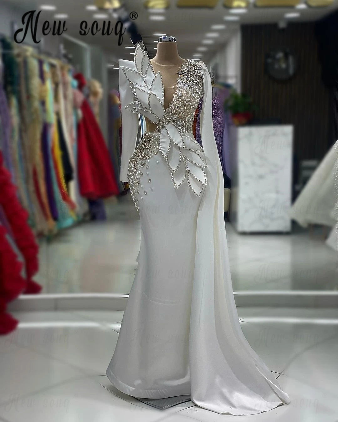 Chic Nude Deep V Neck White Satin Evening Dress Cape luxury wedding dress