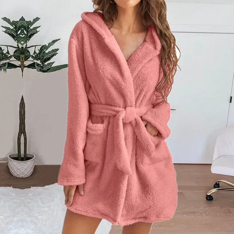 Autumn Winter Women Sexy Bath Robe Fluffy Plush Pyjamas Ladies Hooded