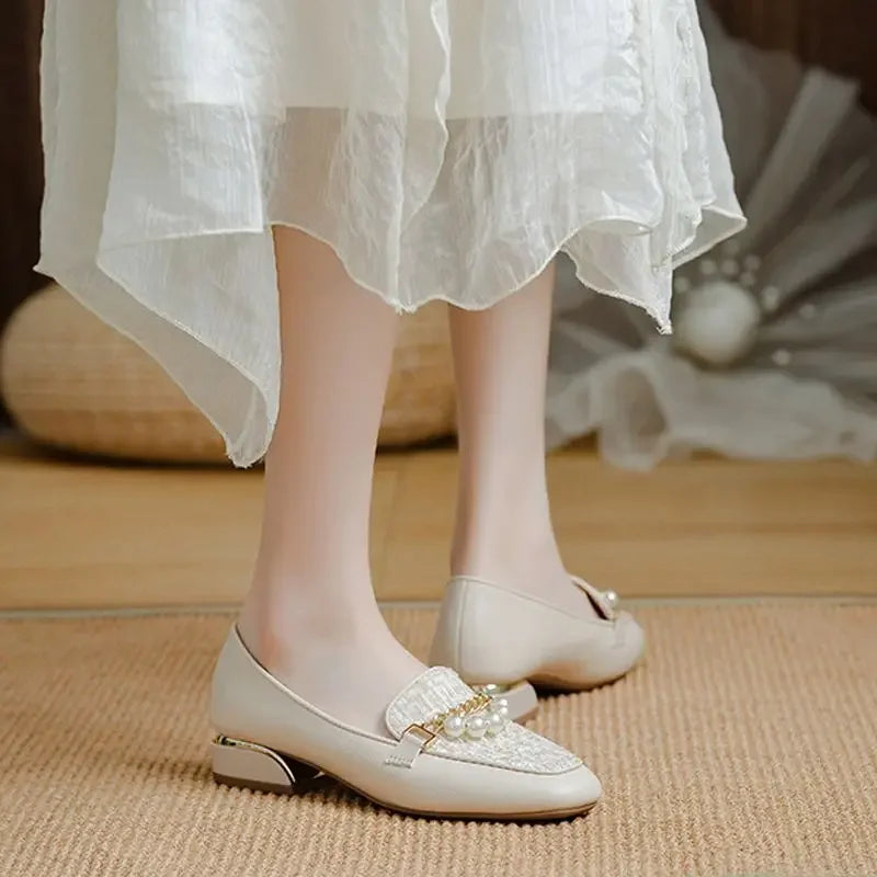Medium Heels Pearl Women's Shoes Square Toe Ladies Pumps Shoe